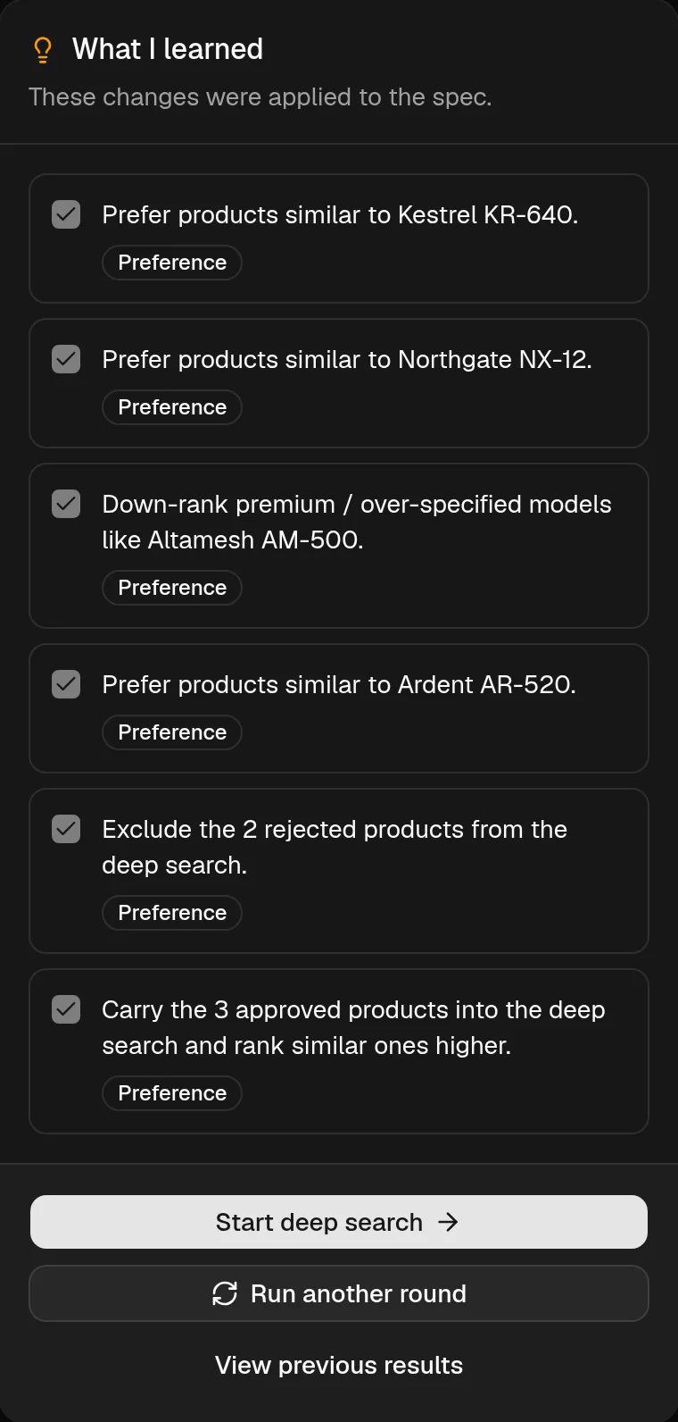 The What I learned panel listing spec changes proposed from the ratings, each with a checkbox.