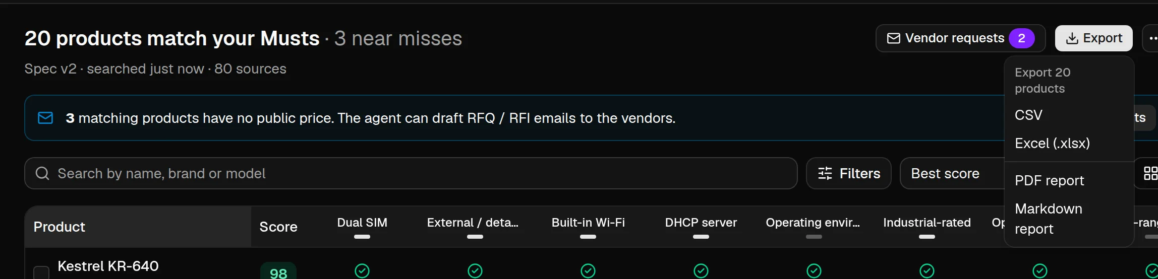 The Export menu on the results page, listing the export formats for the 20 matching products.