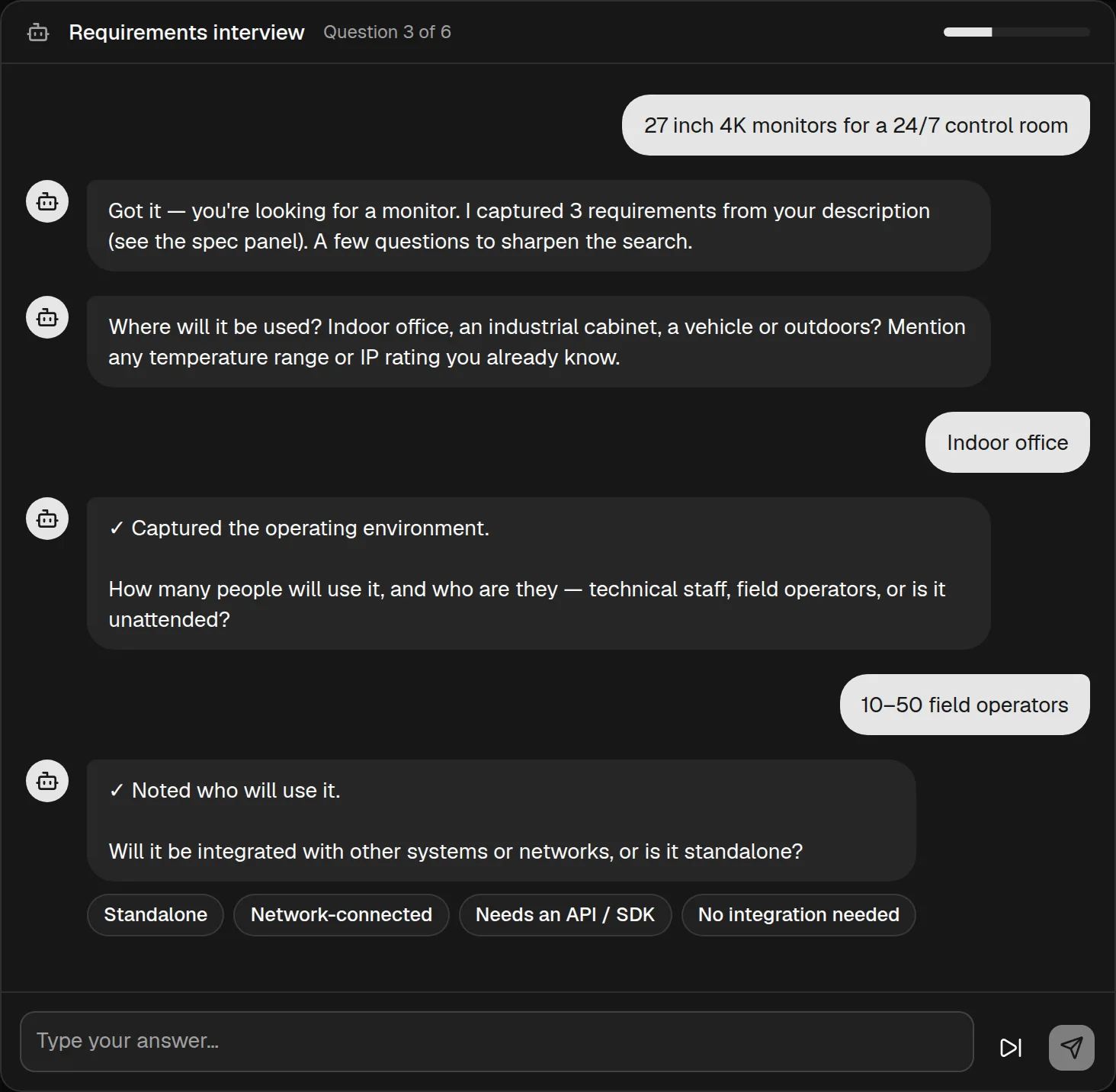 The requirements interview: the agent asks how many people will use the monitors and offers quick replies.