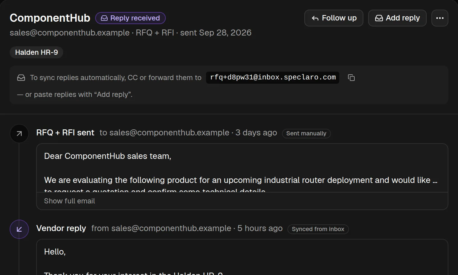 A vendor request timeline: the sent RFQ, the vendor's reply, and the extracted quote with an Apply to product button.