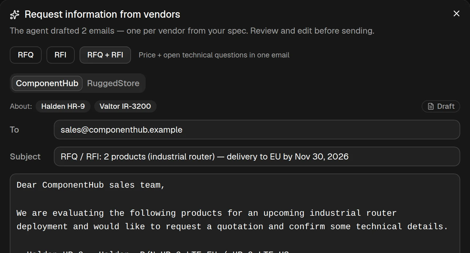 A drafted RFQ and RFI email to a distributor covering two routers, with quantity, delivery date and open technical questions.